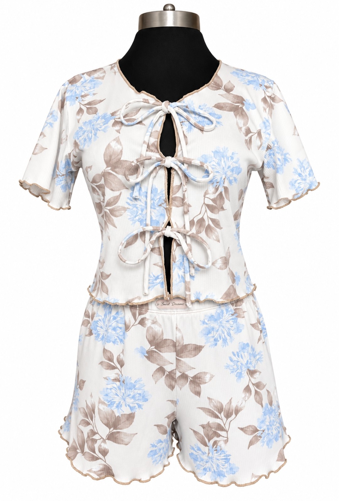 Conjunto Lounge Tie Set con top de lazos y short, en estampado floral turquesa y café