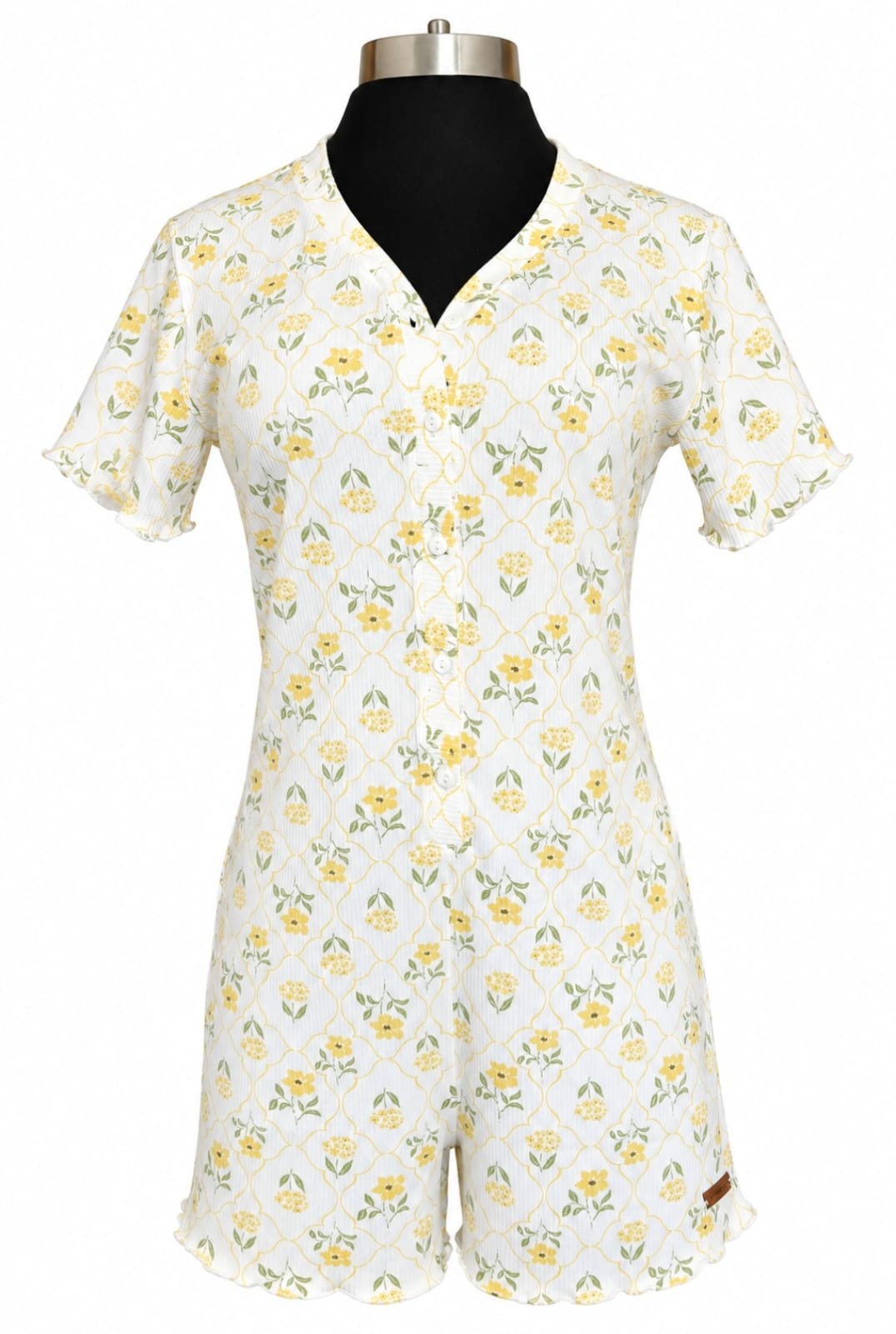 Lounge Romper de manga corta con botones, en estampado de flores amarillas