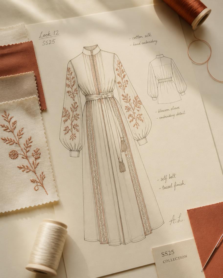 Ficha de diseño con muestras de tela e hilos